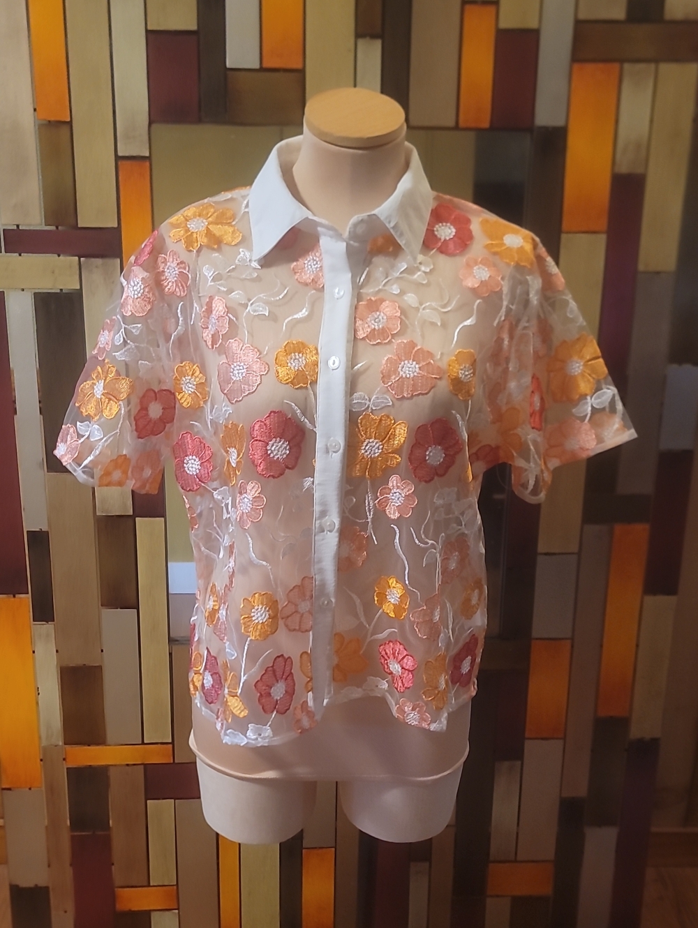 Sheer Floral Embroidered Button-Up Top in Peach & White